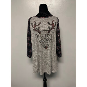 Women's EXCLUSIVE ONE Gray christmas graphic and Plaid Long Sleeve Tee size XL